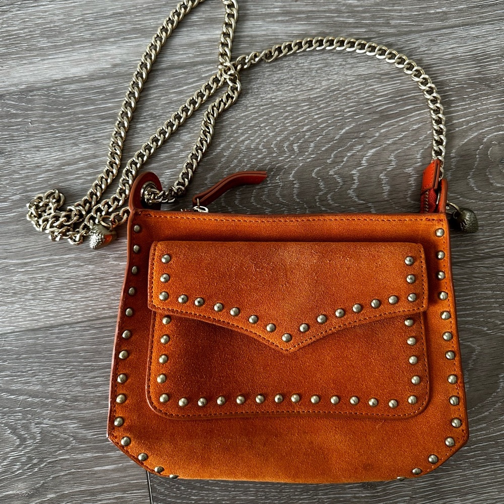 Zara Suede Orange Mini Bag Crossbody Purse With Studs And Chain